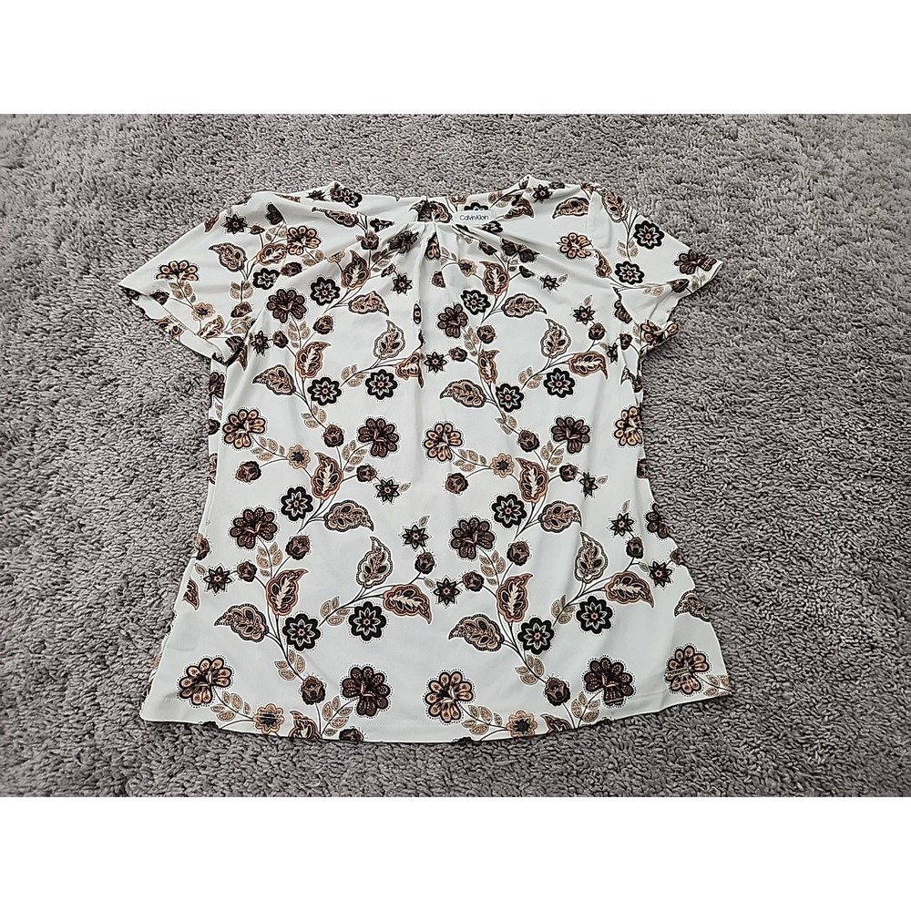 Calvin Klein Blouse Womens M White Brown Floral ShortSleeve Pleated Top BohoChic
